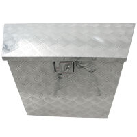 Robuste Staubox aus Aluminium, ideal für Deichsel und Ladeflächen, mit Riegelschloss und Gummidichtung.Draufsicht geschlossen