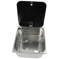 Edelstahl VA Waschbecken Spüle mit klapp Wasserhahn + Abfluss + Glasdeckel 320 x 350 mm