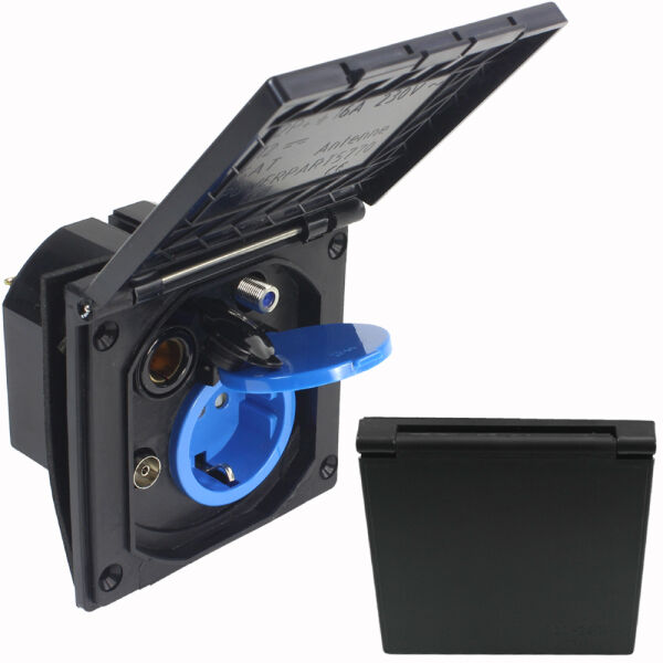 Multifunktions Außensteckdose, 230 Volt steckdose in Blau mit Deckel, TV Antennenanschluss, 12 Volt Steckdose mit schwarzem Deckel.