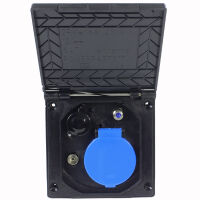 Multifunktions Außensteckdose, 230 Volt steckdose in Blau mit Deckel, TV Antennenanschluss, 12 Volt Steckdose mit schwarzem Deckel.