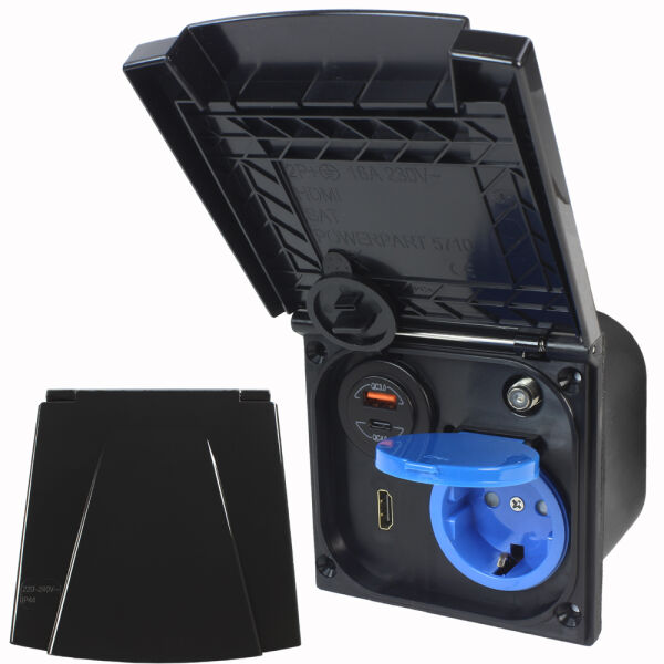 Multifunktions Außensteckdose Wohnmobil Wohnwagen 220V 230V Sat Antenne USB A+C HDMI Raute schwarz