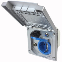 Multifunktions Außensteckdose, 230 Volt steckdose in Blau mit Deckel, TV Antennenanschluss, 12 Volt Steckdose mit schwarzem Deckel.
